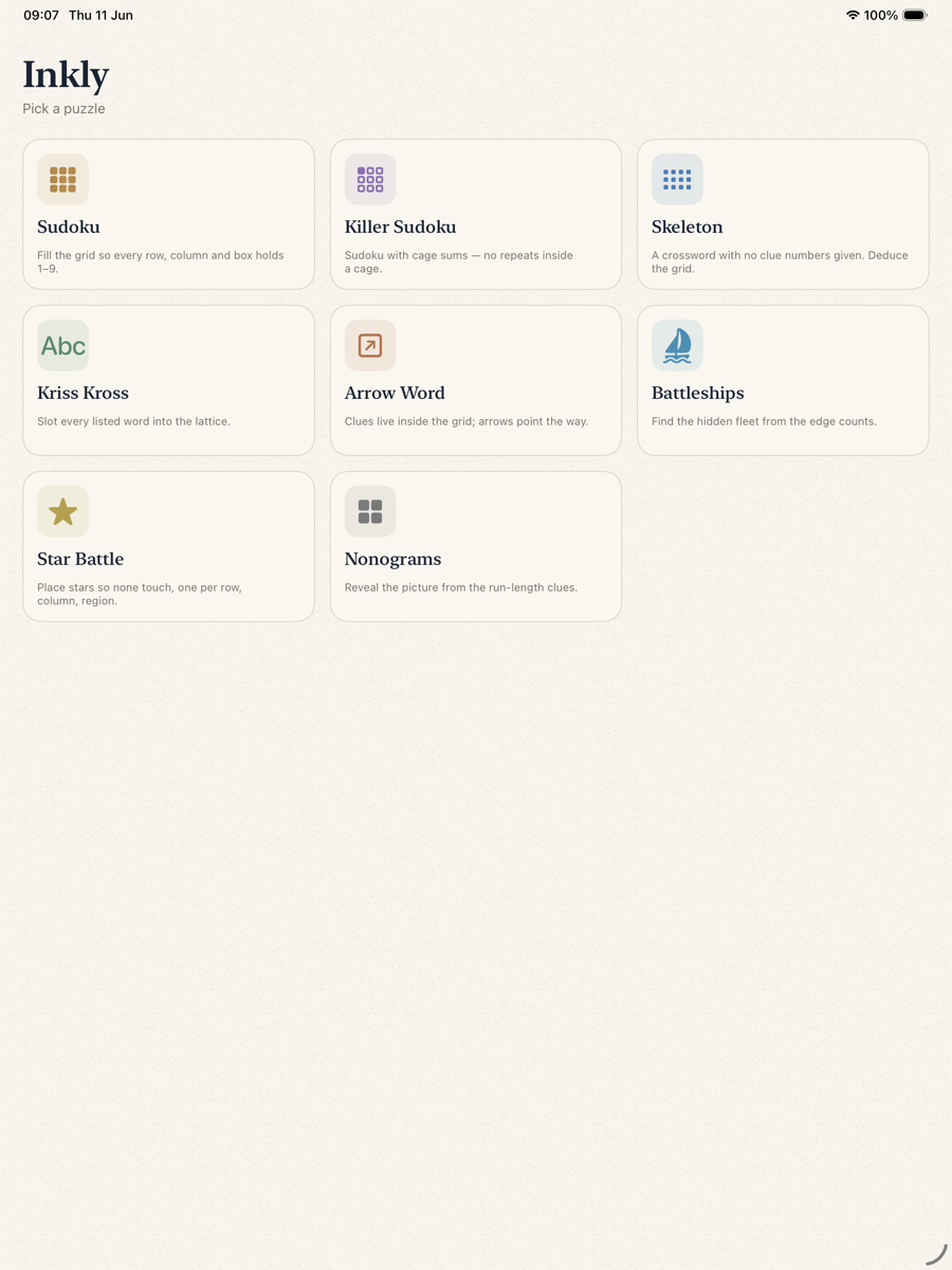 The Inkly home screen on iPad, showing eight puzzle types to choose from